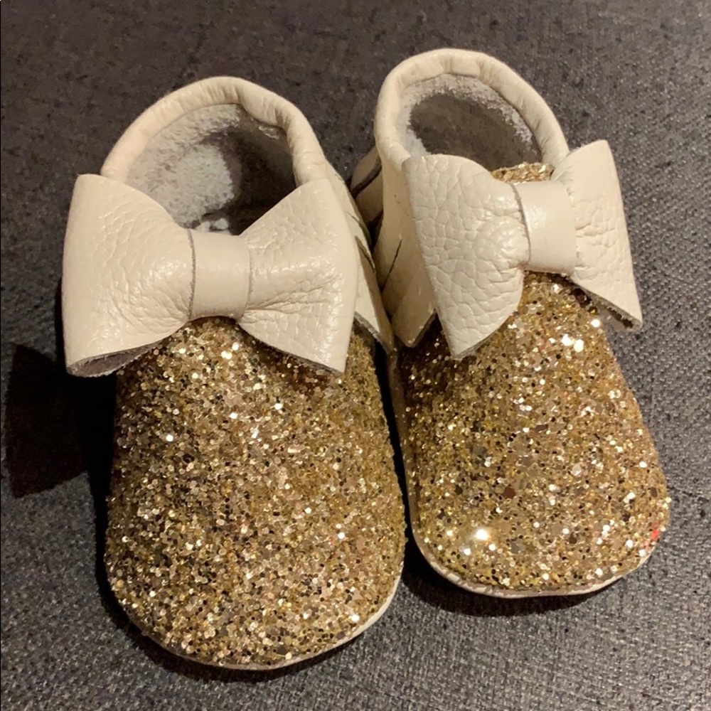 Glittery gold and beige Wolke walking moccasins